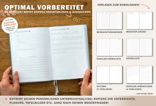 Lehrerkalender für Schuljahr 2024 2025, mint weiß rosa, mit Stundenplan, Klassenlisten, Kontaktlisten, Klassenarbeiten Planung, Vertretungsstunden, u.v.m.